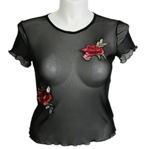 BLAK ATELIER Sheer Rose Embroidered Black Blouse EUC sz L